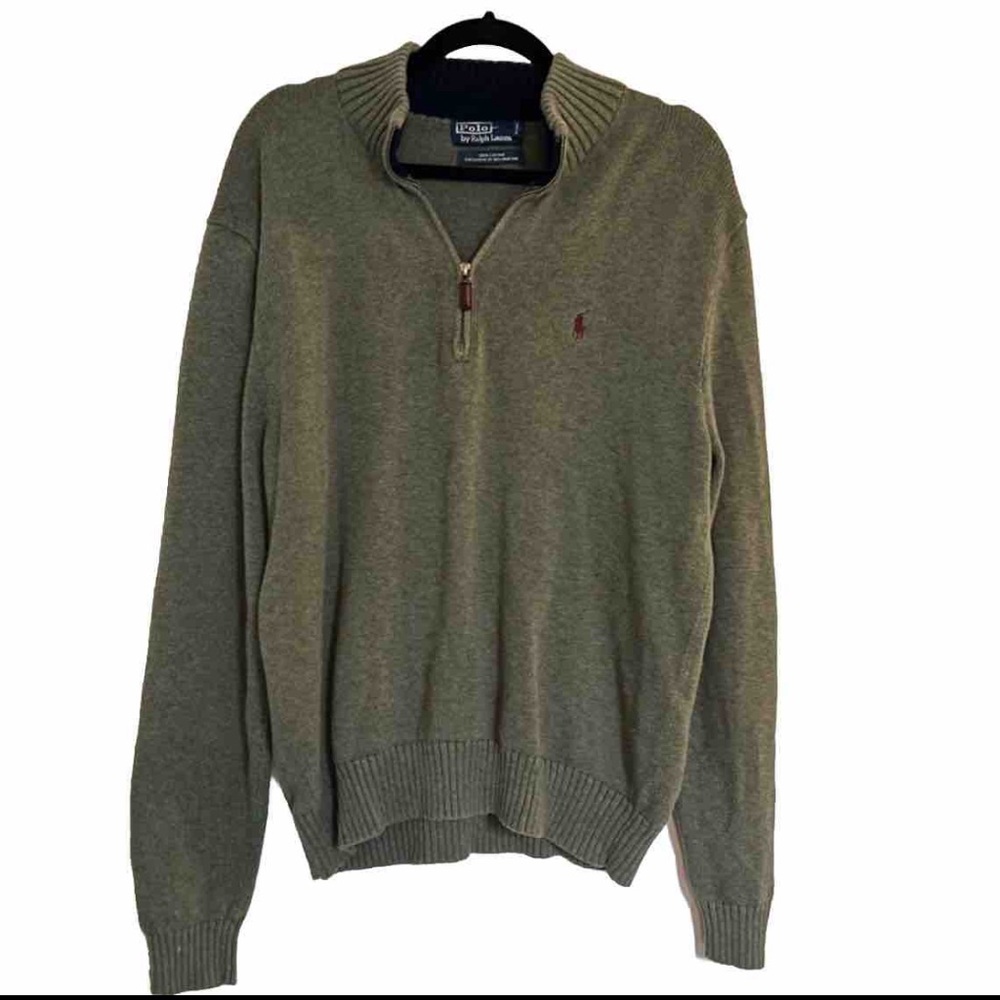 Polo Ralph Lauren cotton 1/4 zip Sage Green Leather Pull Brown Pony Navy Trim EC